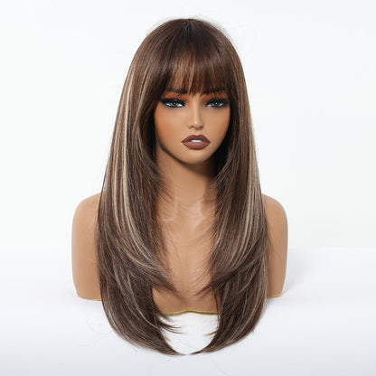 Dark brown with highlights synthetic fringe wig | Milk &amp; Honey Wigs
