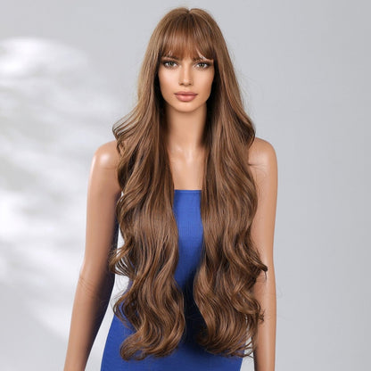 Extra Long Medium Brown synthetic wavy fringe wig | Milk &amp; Honey Wigs