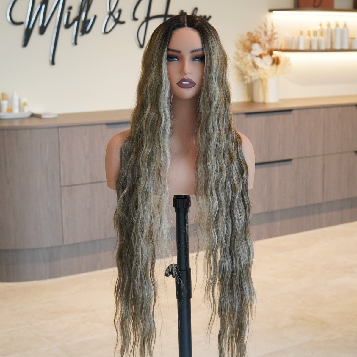 FAYE - Long Mocha - Lace Front Wig | Brown, 28 Inch+, T-Part Lace Front, Synthetic Hair | Milk &amp; Honey Wigs