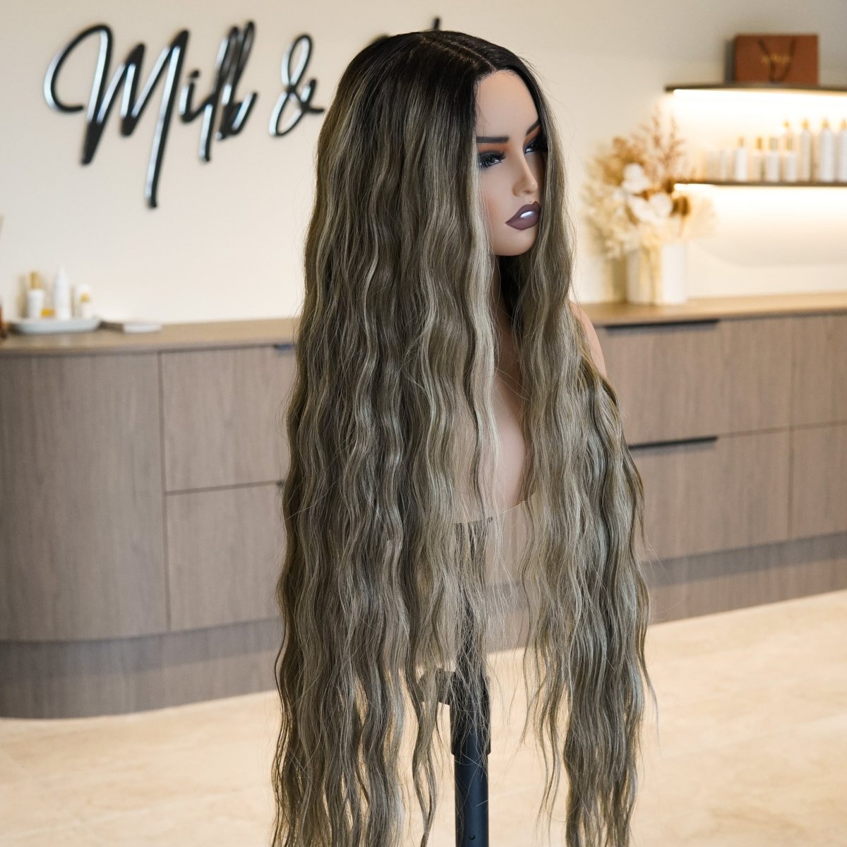 FAYE - Long Mocha - Lace Front Wig | Brown, 28 Inch+, T-Part Lace Front, Synthetic Hair | Milk &amp; Honey Wigs