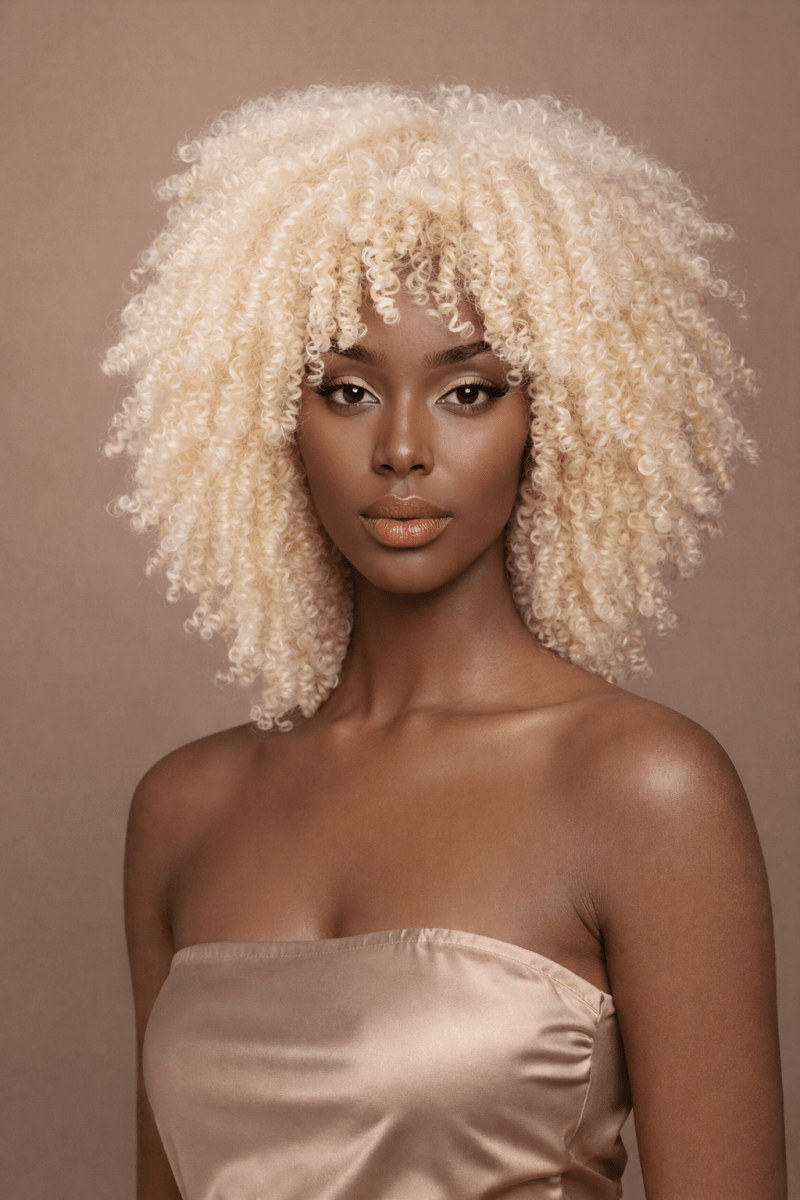 JAYDA - Blonde - Afro Curl Wig | Blonde, 14 Inch, Fringe, Synthetic Hair | Milk &amp; Honey Wigs