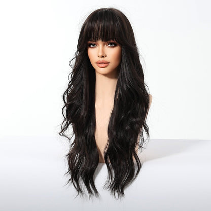 Jet Black Wavy with Full Fringe Jet Black synthetic wavy fringe wig | Milk &amp; Honey Wigs