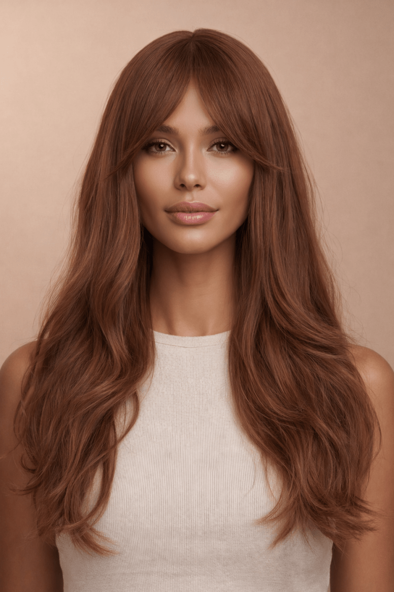 KATIA - Medium Brown - Fringe Wig | Brown, 22 Inch, Fringe, Synthetic Hair | Milk &amp; Honey Wigs