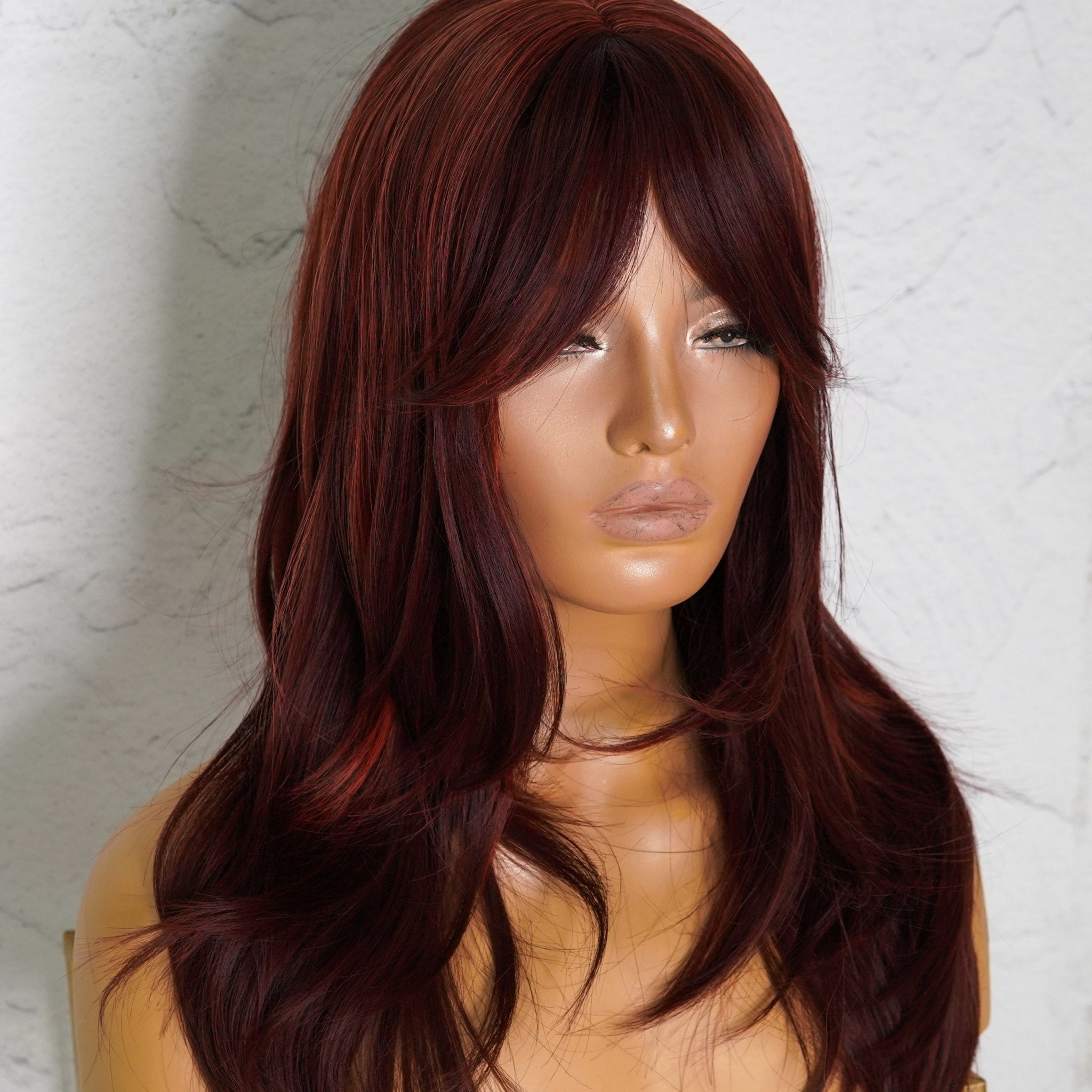 LAYTON Burgundy Fringe Wig - Milk &amp; Honey Wigs