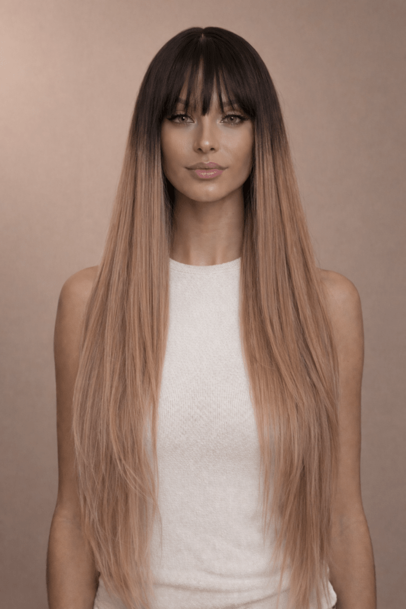 LIRA - Caramel Ombre - Fringe Wig | Brown, 26 Inch, Fringe, Synthetic Hair | Milk &amp; Honey Wigs