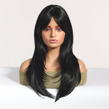 Long Layered Black Wig black synthetic layered lace front wig | Milk &amp; Honey Wigs