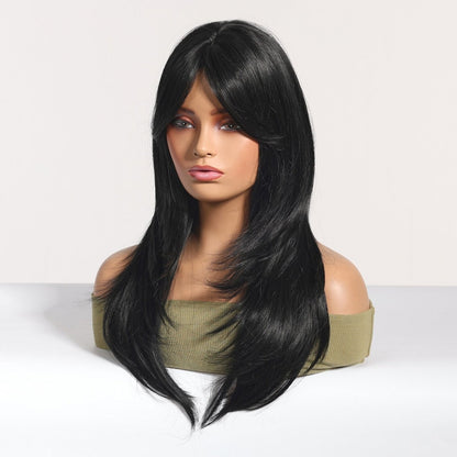 Long Layered Black Wig black synthetic layered lace front wig | Milk &amp; Honey Wigs