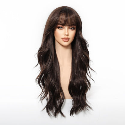 Long Wavy Dark Brown Dark Brown synthetic wavy lace front wig | Milk &amp; Honey Wigs
