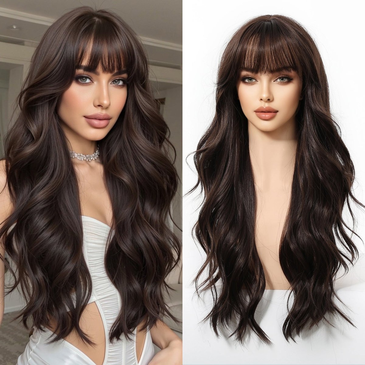 Long Wavy Dark Brown   Wig - MARKETPLACE | Brown, Fringe, Synthetic Hair | Milk &amp; Honey Wigs