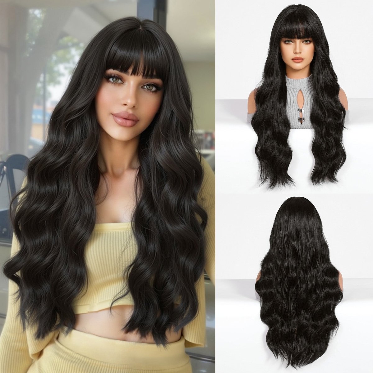 Long Wavy Natural  Black with bangs  Wig - MARKETPLACE | Black, Fringe, Synthetic Hair | Milk &amp; Honey Wigs