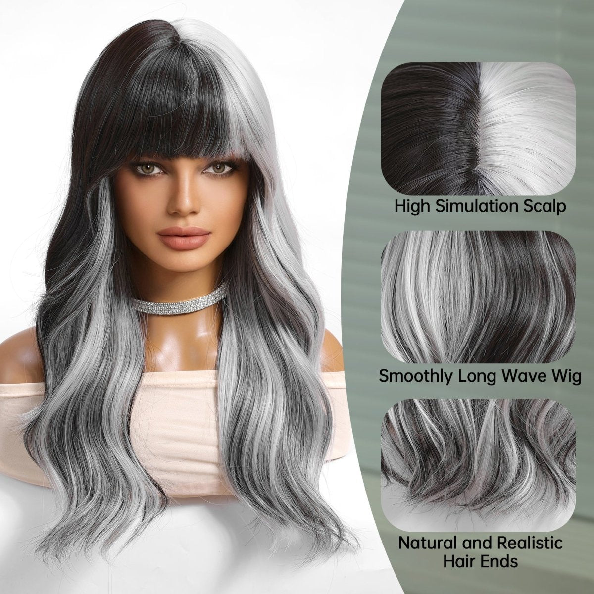Long Wavy Ombre Wig- MARKETPLACE | Grey, Fringe, Synthetic Hair | Milk &amp; Honey Wigs