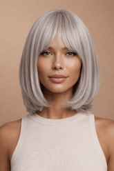 MIAH - Silver - Fringe Bob Wig | Grey, 12 Inch & Shorter, Fringe, Synthetic Hair | Milk & Honey Wigs