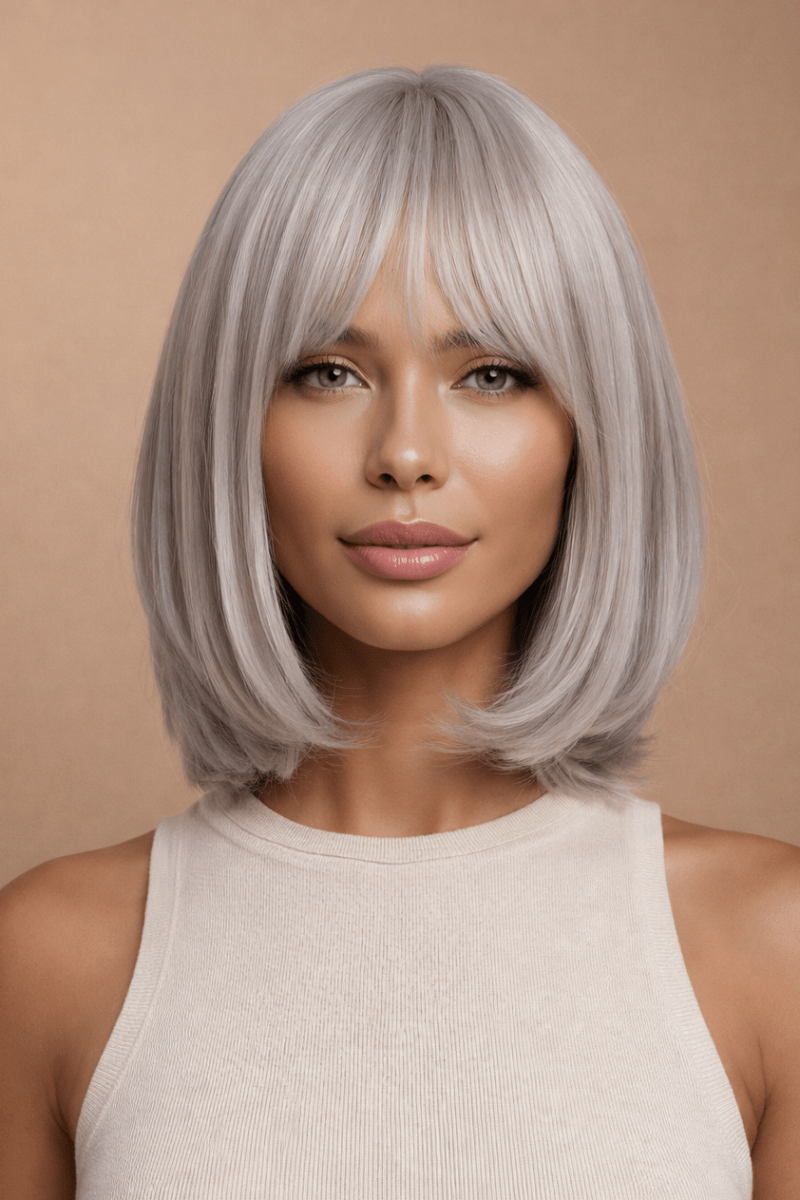 MIAH - Silver - Fringe Bob Wig | Grey, 12 Inch &amp; Shorter, Fringe, Synthetic Hair | Milk &amp; Honey Wigs