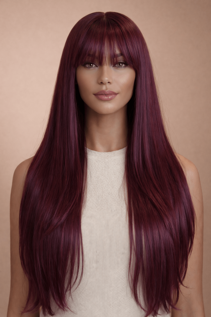 MONTANA - Burgundy - Fringe Wig | Red, 28 Inch+, Fringe, Synthetic Hair | Milk &amp; Honey Wigs