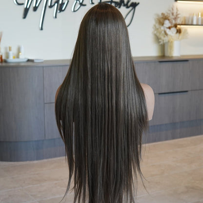 MONTANA Medium Brown synthetic straight fringe wig | Milk &amp; Honey Wigs