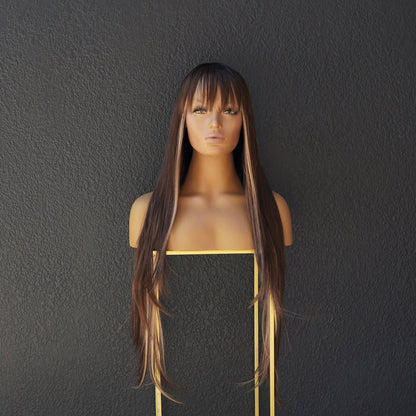 MONTANA mocha brown synthetic straight fringe wig | Milk &amp; Honey Wigs
