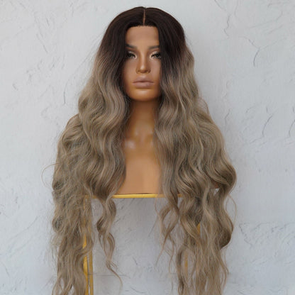 NERA - Ombre Ash Blonde - Lace Front Wig | Brown, 28 Inch+, T-Part Lace Front, Synthetic Hair | Milk &amp; Honey Wigs