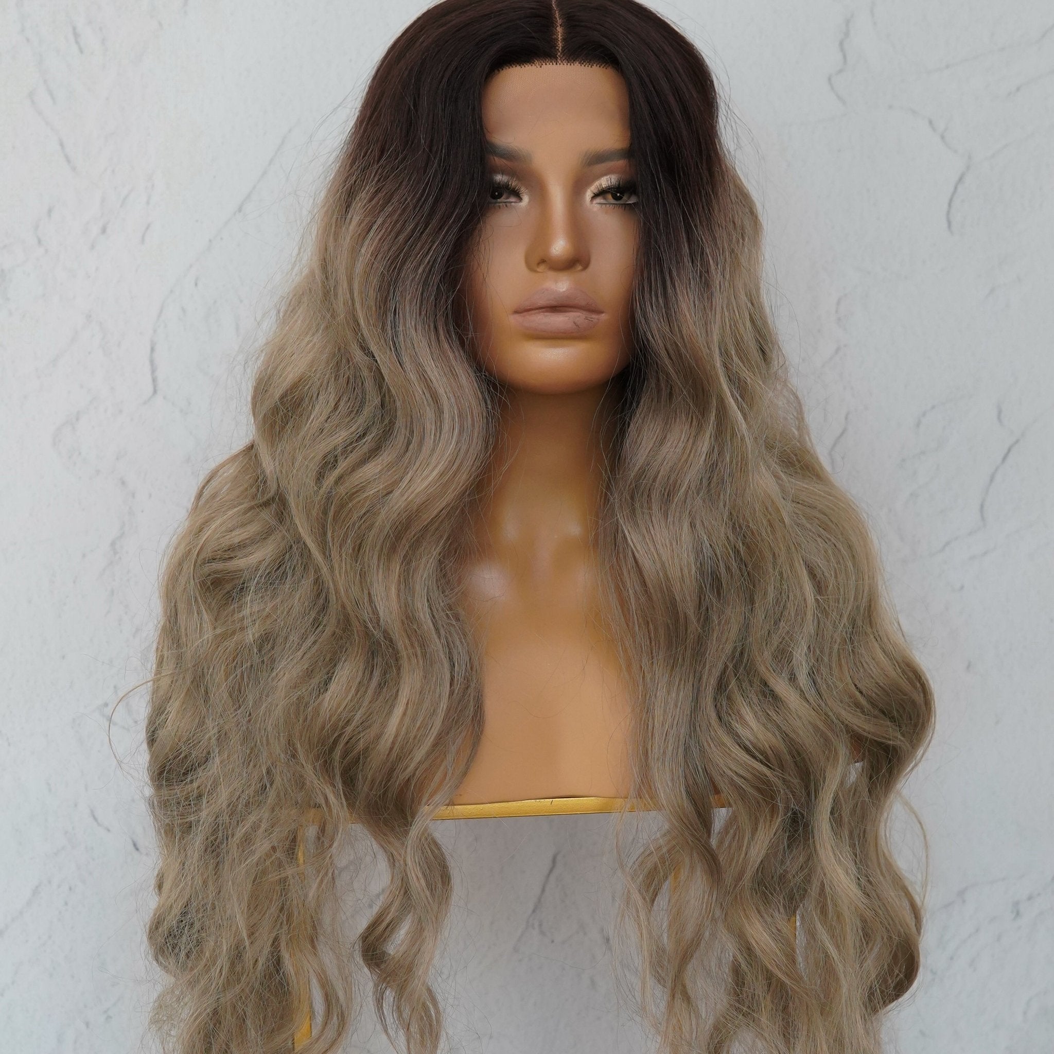 NERA - Ombre Ash Blonde - Lace Front Wig | Brown, 28 Inch+, T-Part Lace Front, Synthetic Hair | Milk &amp; Honey Wigs