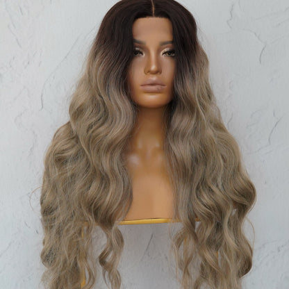 NERA - Ombre Ash Blonde - Lace Front Wig | Brown, 28 Inch+, T-Part Lace Front, Synthetic Hair | Milk &amp; Honey Wigs