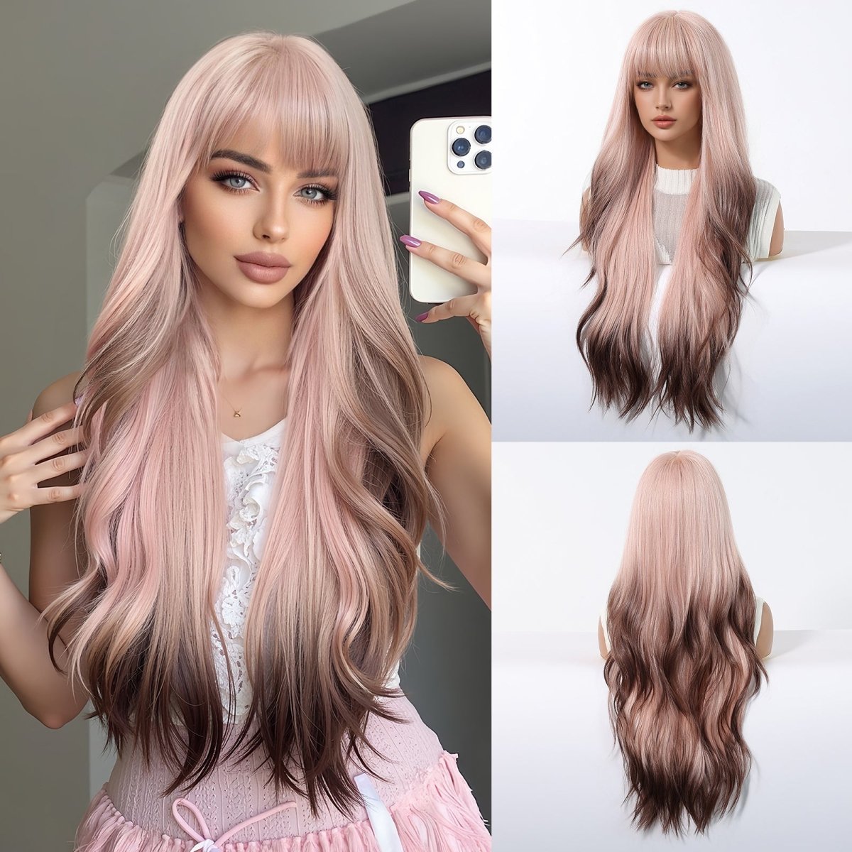 Pink Ombre Long Wavy Wig - MARKETPLACE | Pink, Fringe, Synthetic Hair | Milk &amp; Honey Wigs
