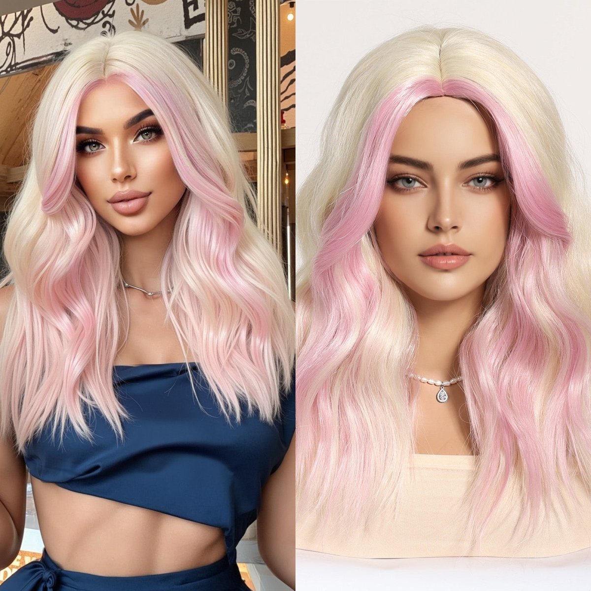 Platinum Blonde with Pastel Pink Highlights Wig - MARKETPLACE | Pink, Fringe, Synthetic Hair | Milk &amp; Honey Wigs