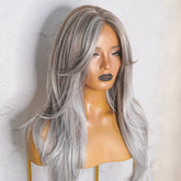 SELENE - Ash Grey ( Salt & Pepper ) - Lace Front Wig | Grey, 22 Inch, T-Part Lace Front, Synthetic Hair | Milk & Honey Wigs