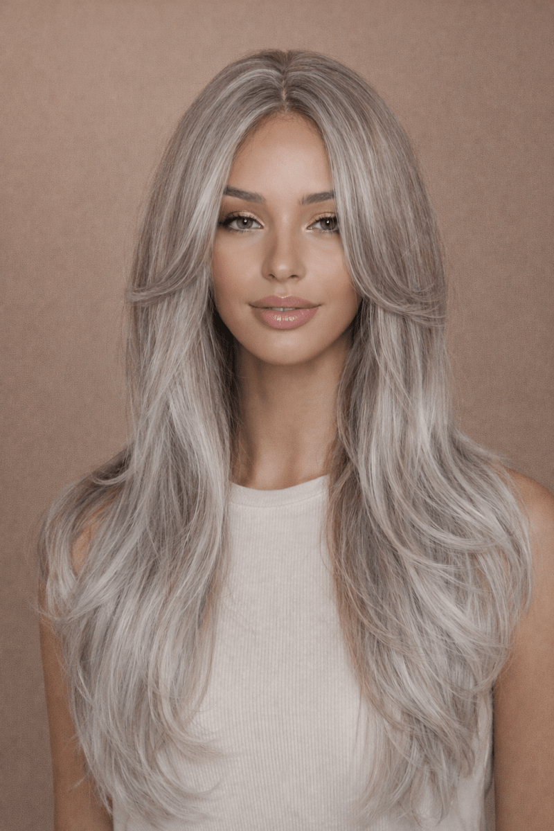 SELENE - Ash Grey ( Salt &amp; Pepper ) - Lace Front Wig | Grey, 22 Inch, T-Part Lace Front, Synthetic Hair | Milk &amp; Honey Wigs