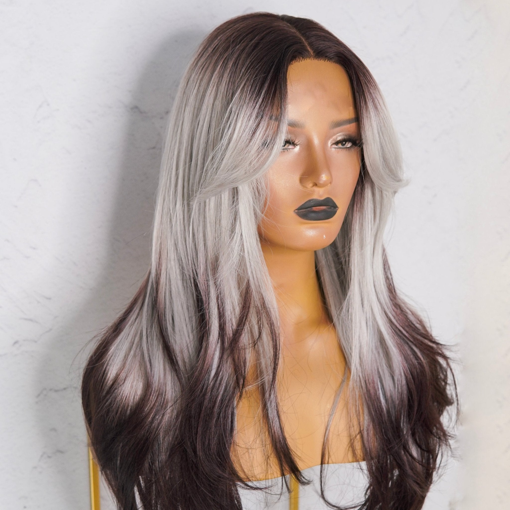 SELENE - Grey Black Ombre - Lace Front Wig | Grey, 22 Inch, T-Part Lace Front, Synthetic Hair | Milk &amp; Honey Wigs