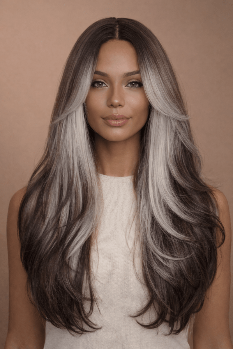SELENE - Grey Black Ombre - Lace Front Wig | Grey, 22 Inch, T-Part Lace Front, Synthetic Hair | Milk &amp; Honey Wigs