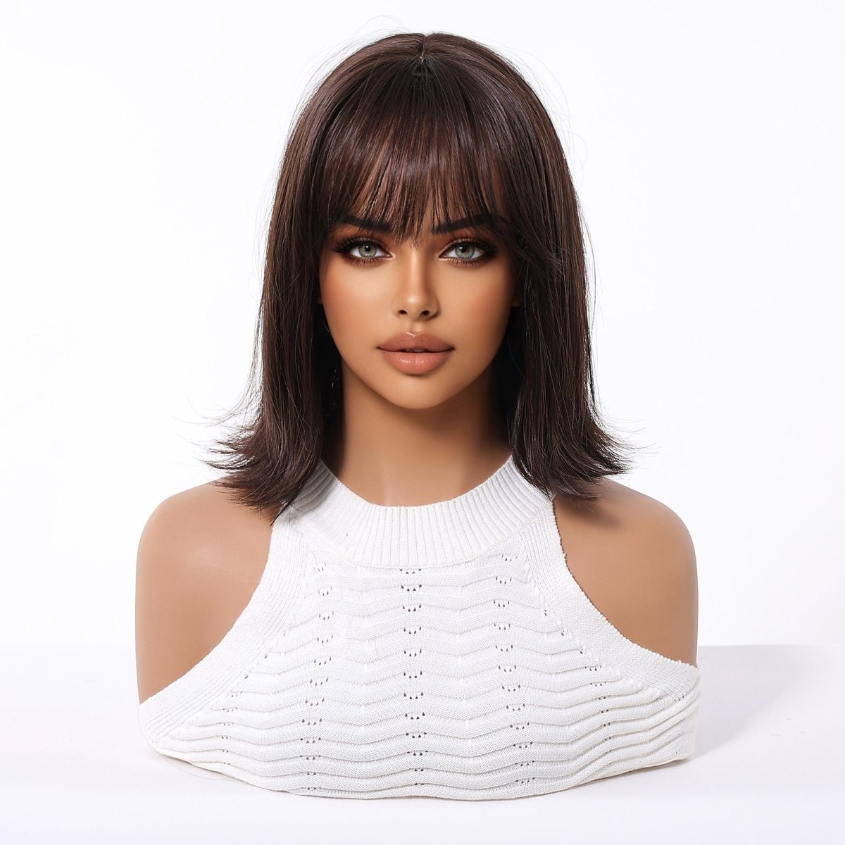 Short Dark Brown Bob Wispy Fringe Wig - MARKETPLACE | Brown, Fringe, Synthetic Hair | Milk &amp; Honey Wigs