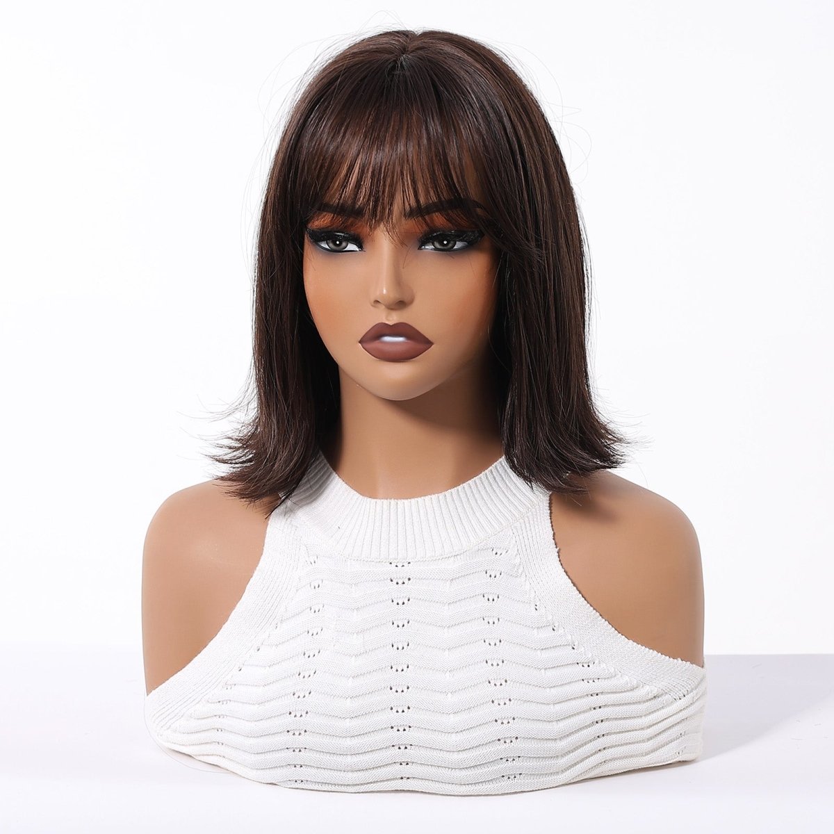 Short Dark Brown Bob Wispy Fringe Wig - MARKETPLACE | Brown, Fringe, Synthetic Hair | Milk &amp; Honey Wigs