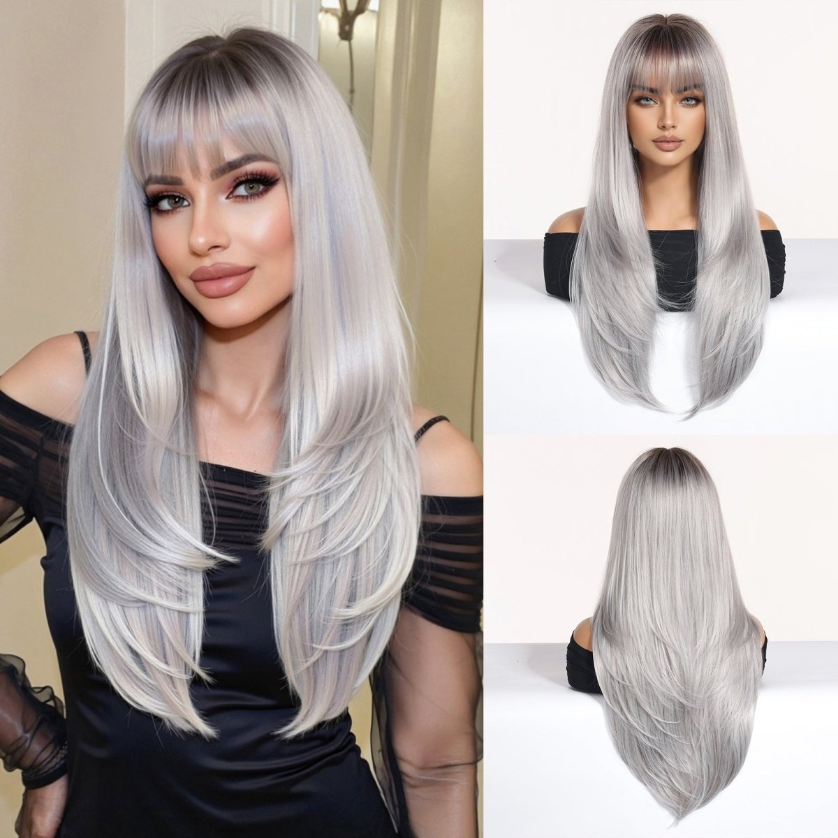 Silver-Gray With Darker Roots Wig - MARKETPLACE | Grey, Fringe, Synthetic Hair | Milk &amp; Honey Wigs