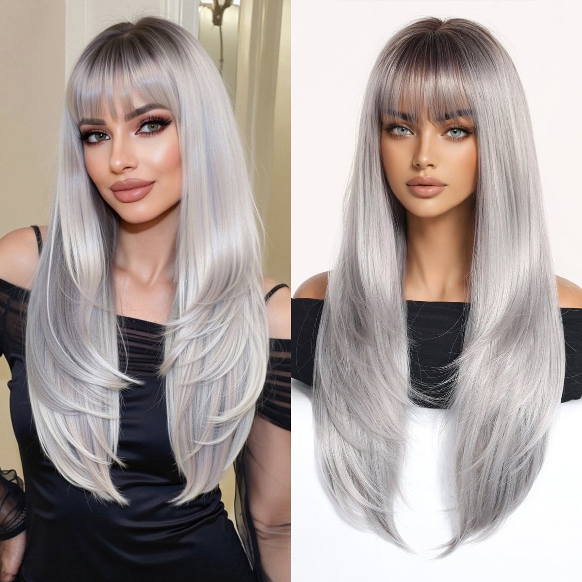 Silver-Gray With Darker Roots Wig - MARKETPLACE | Grey, Fringe, Synthetic Hair | Milk &amp; Honey Wigs