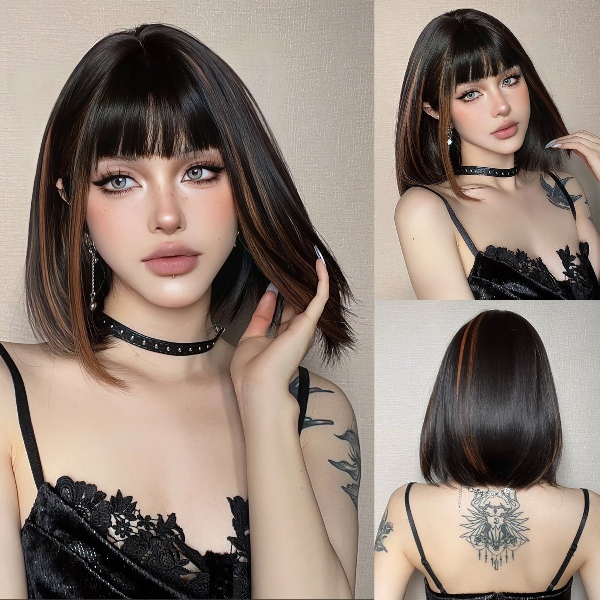 Sleek Black Bob Wig with Bangs and Caramel Highlights  - MARKETPLACE | Black, Fringe, Synthetic Hair | Milk &amp; Honey Wigs