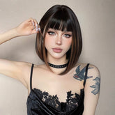 Sleek Black Bob Wig with Bangs and Caramel Highlights  - MARKETPLACE | Black, Fringe, Synthetic Hair | Milk & Honey Wigs