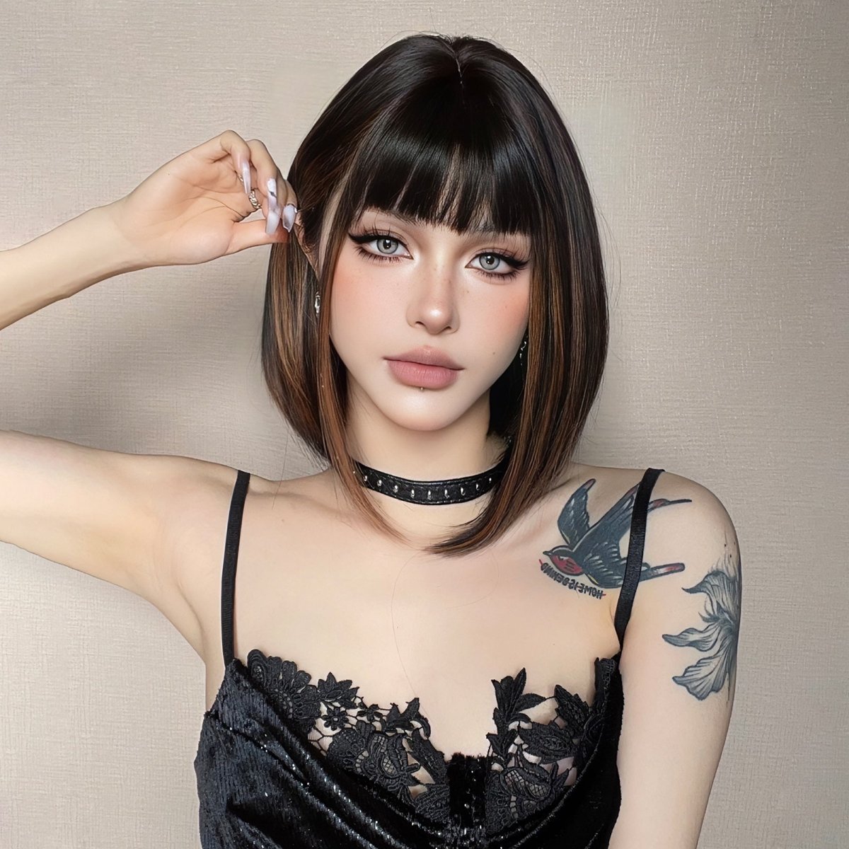 Sleek Black Bob Wig with Bangs and Caramel Highlights  - MARKETPLACE | Black, Fringe, Synthetic Hair | Milk &amp; Honey Wigs
