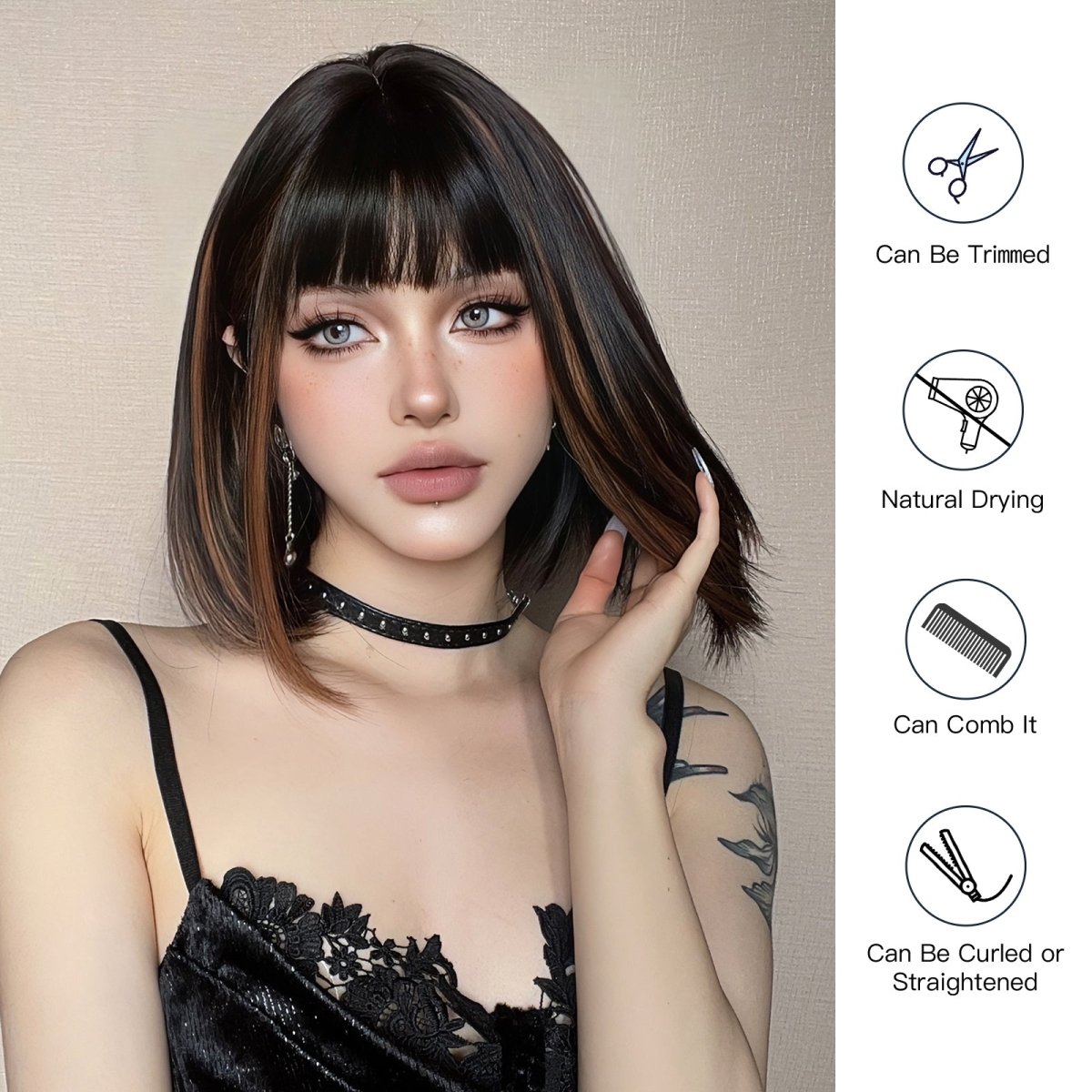 Sleek Black Bob Wig with Bangs and Caramel Highlights  - MARKETPLACE | Black, Fringe, Synthetic Hair | Milk &amp; Honey Wigs