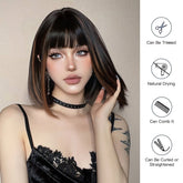 Sleek Black Bob Wig with Bangs and Caramel Highlights  - MARKETPLACE | Black, Fringe, Synthetic Hair | Milk & Honey Wigs