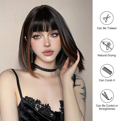 Sleek Black Bob with Bangs Black Caramel synthetic bob lace front wig | Milk &amp; Honey Wigs