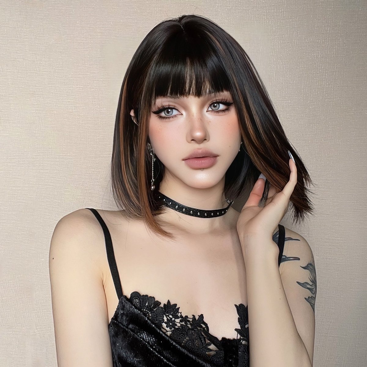Sleek Black Bob Wig with Bangs and Caramel Highlights  - MARKETPLACE | Black, Fringe, Synthetic Hair | Milk &amp; Honey Wigs