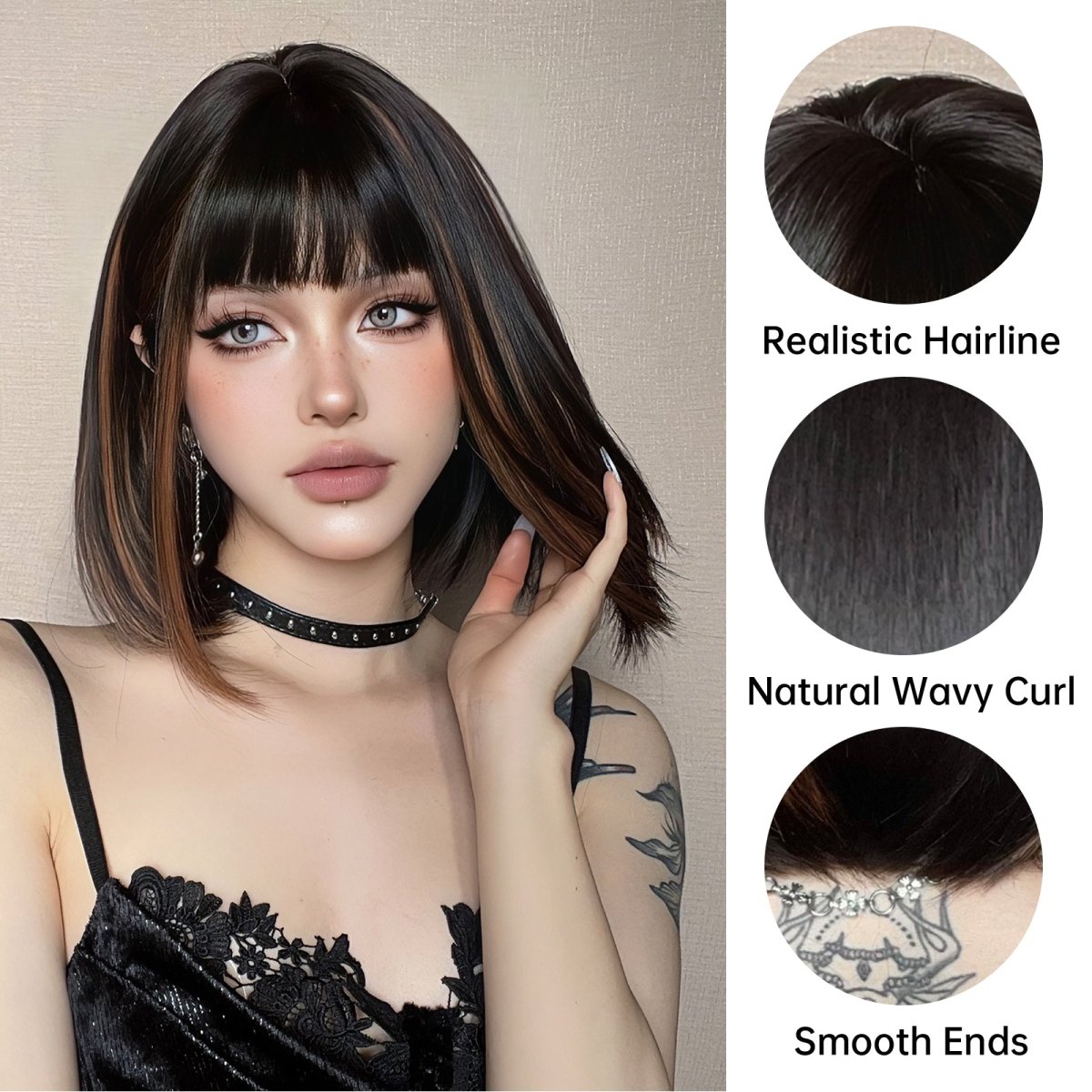 Sleek Black Bob Wig with Bangs and Caramel Highlights  - MARKETPLACE | Black, Fringe, Synthetic Hair | Milk &amp; Honey Wigs