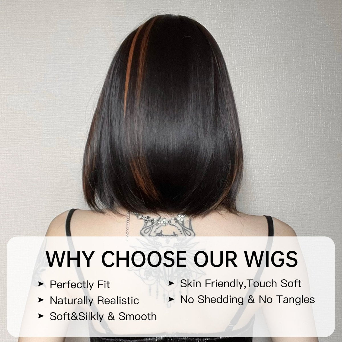 Sleek Black Bob Wig with Bangs and Caramel Highlights  - MARKETPLACE | Black, Fringe, Synthetic Hair | Milk &amp; Honey Wigs