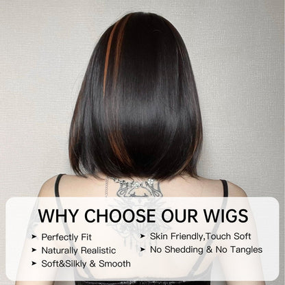 Sleek Black Bob with Bangs Black Caramel synthetic bob lace front wig | Milk &amp; Honey Wigs