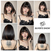 Sleek Black Bob Wig with Bangs and Caramel Highlights  - MARKETPLACE | Black, Fringe, Synthetic Hair | Milk & Honey Wigs