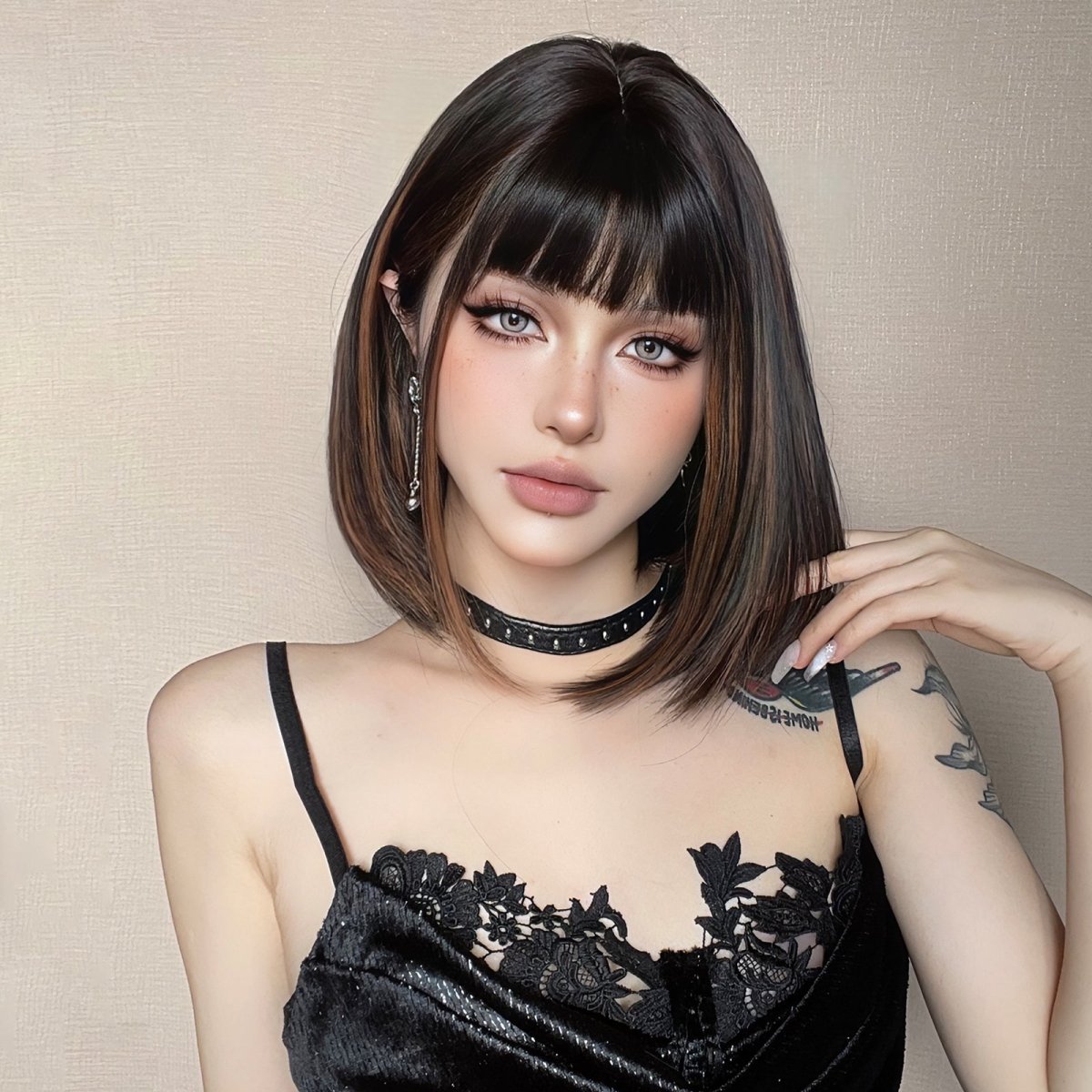 Sleek Black Bob Wig with Bangs and Caramel Highlights  - MARKETPLACE | Black, Fringe, Synthetic Hair | Milk &amp; Honey Wigs