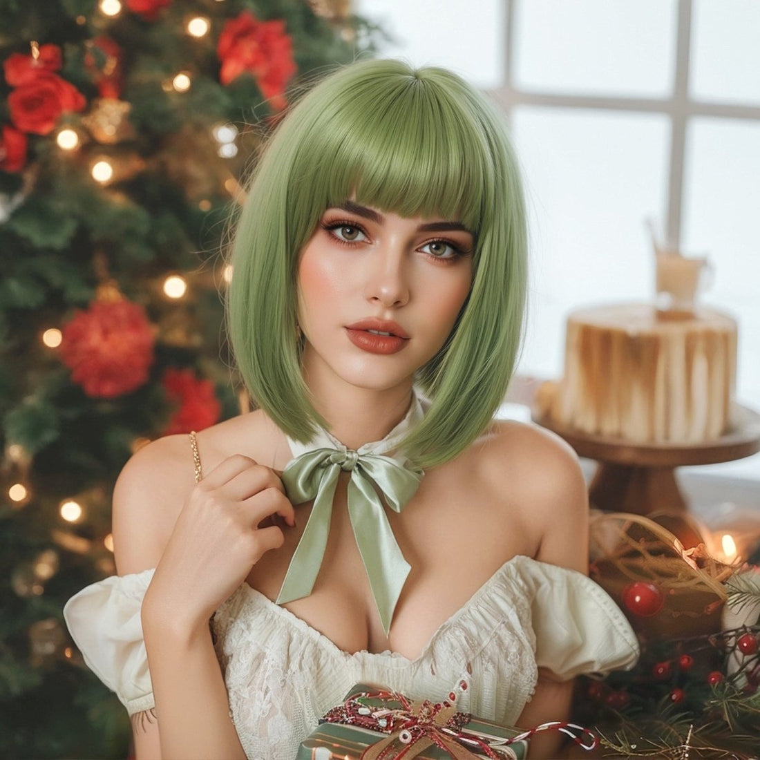 Sleek Olive Green Bob Wig - MARKETPLACE | Brown, Fringe, Synthetic Hair | Milk &amp; Honey Wigs