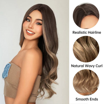 Soft Brown with Ash Blonde Highlights Soft Brown Ash Blonde synthetic lace front wig | Milk &amp; Honey Wigs
