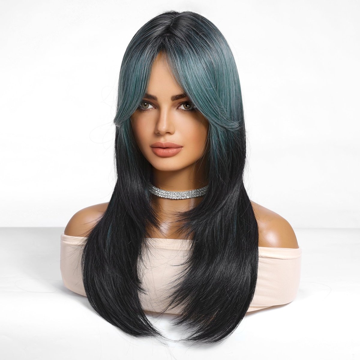 Teal Highlight Layered with Curtain Bangs Wig  - MARKETPLACE | Green, Fringe, Synthetic Hair | Milk &amp; Honey Wigs