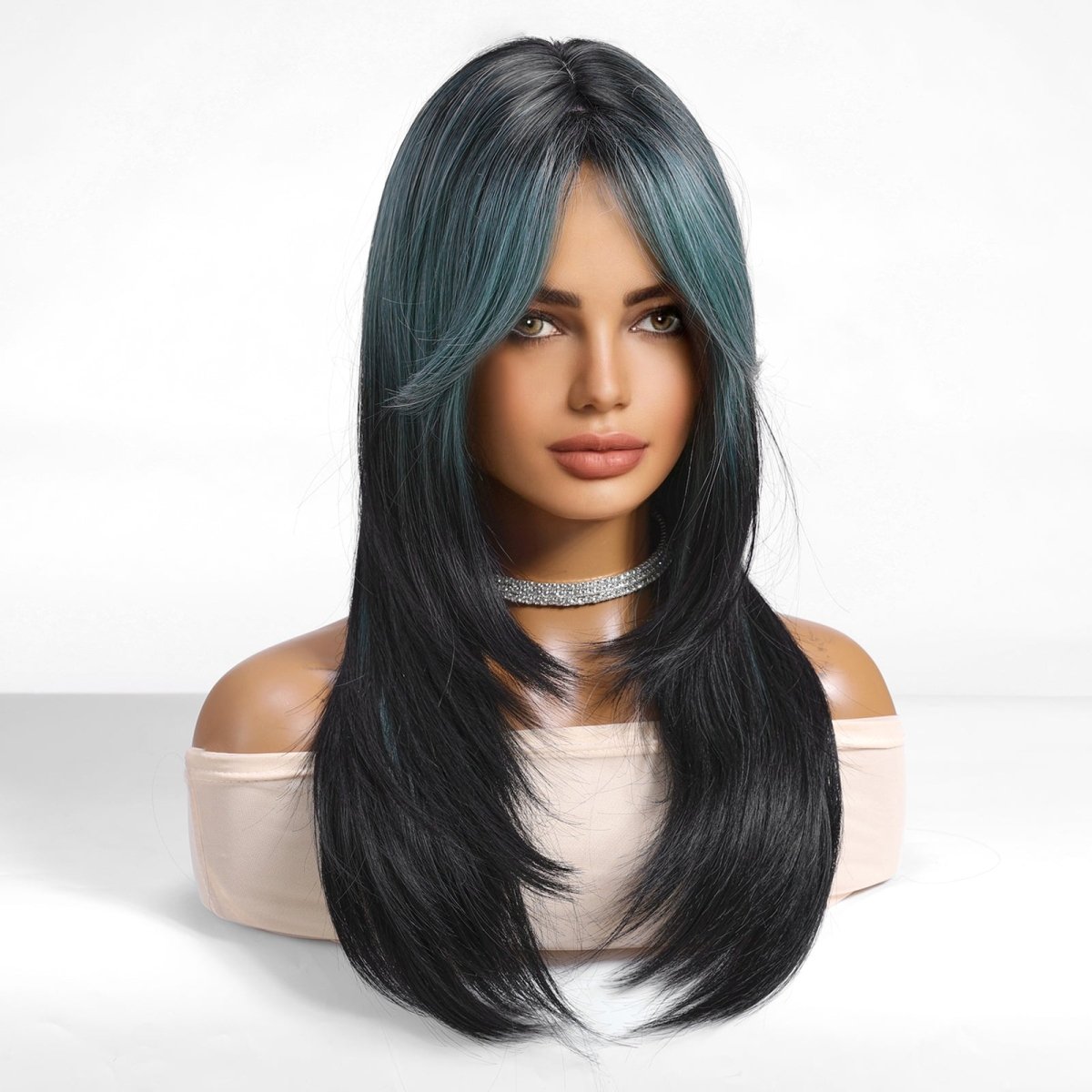 Teal Highlight Layered with Curtain Bangs Wig  - MARKETPLACE | Green, Fringe, Synthetic Hair | Milk &amp; Honey Wigs