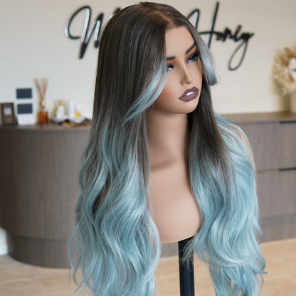 ZINA Teal Blue synthetic wavy 13x6 lace front wig | Milk &amp; Honey Wigs